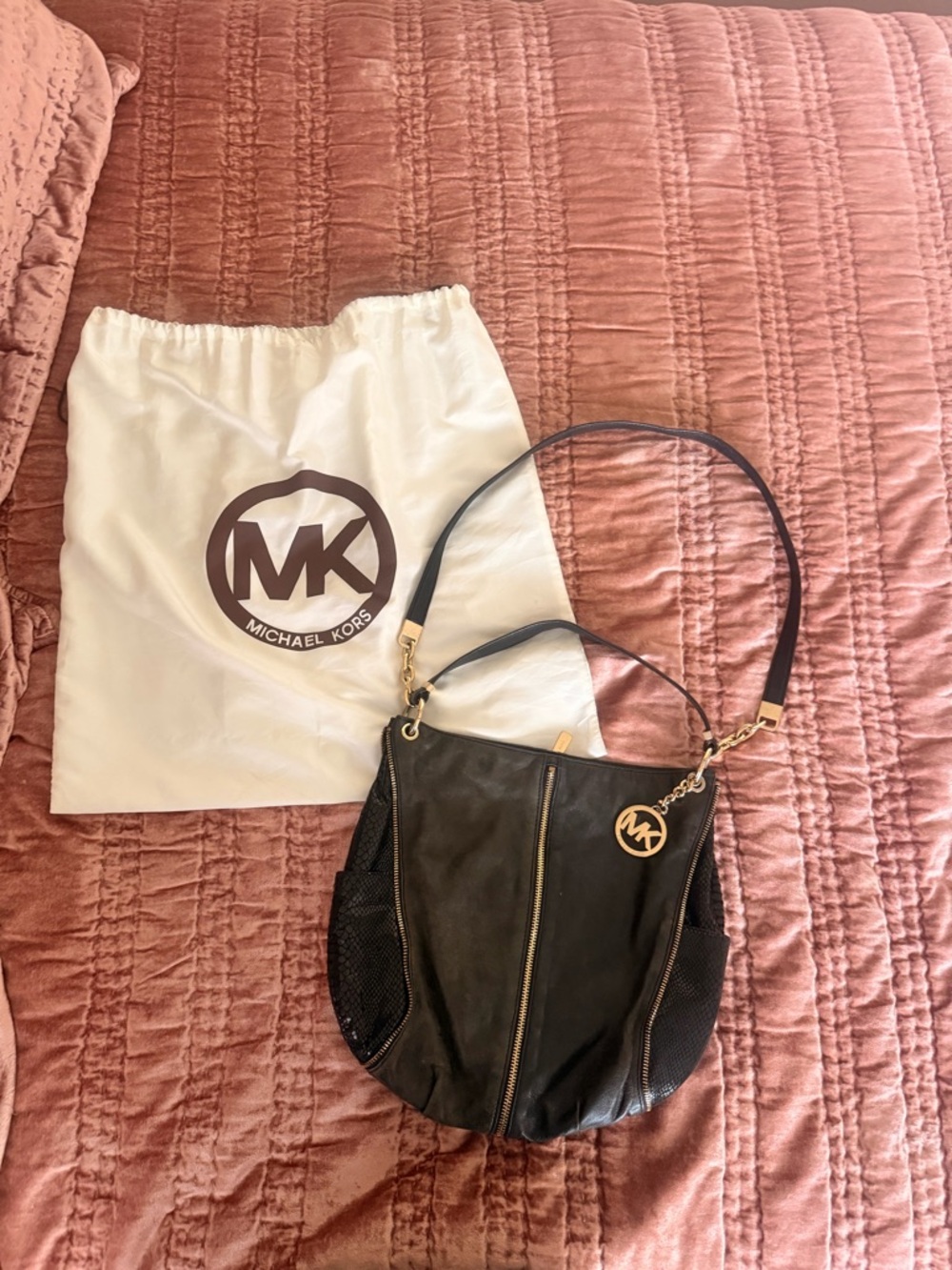 Michael Kors Black Leather Hobo Shoulder Bag with Gold Hardware